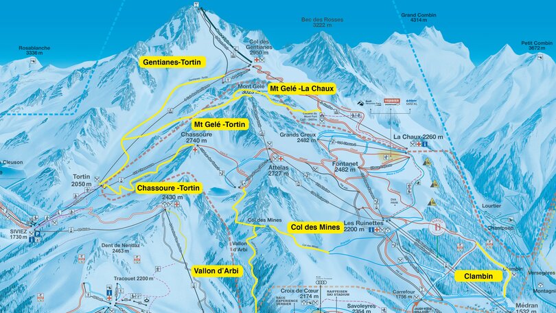 Plan der Freeride-Strecken in Verbier 4Vallées